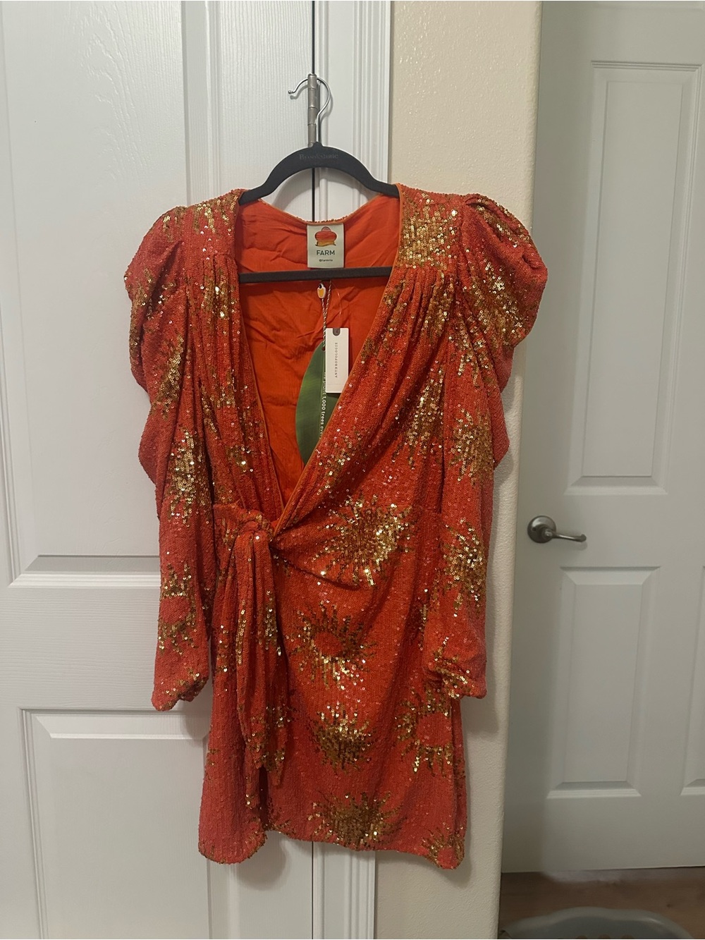 FARM Rio Orange Sequin Wrap Dress